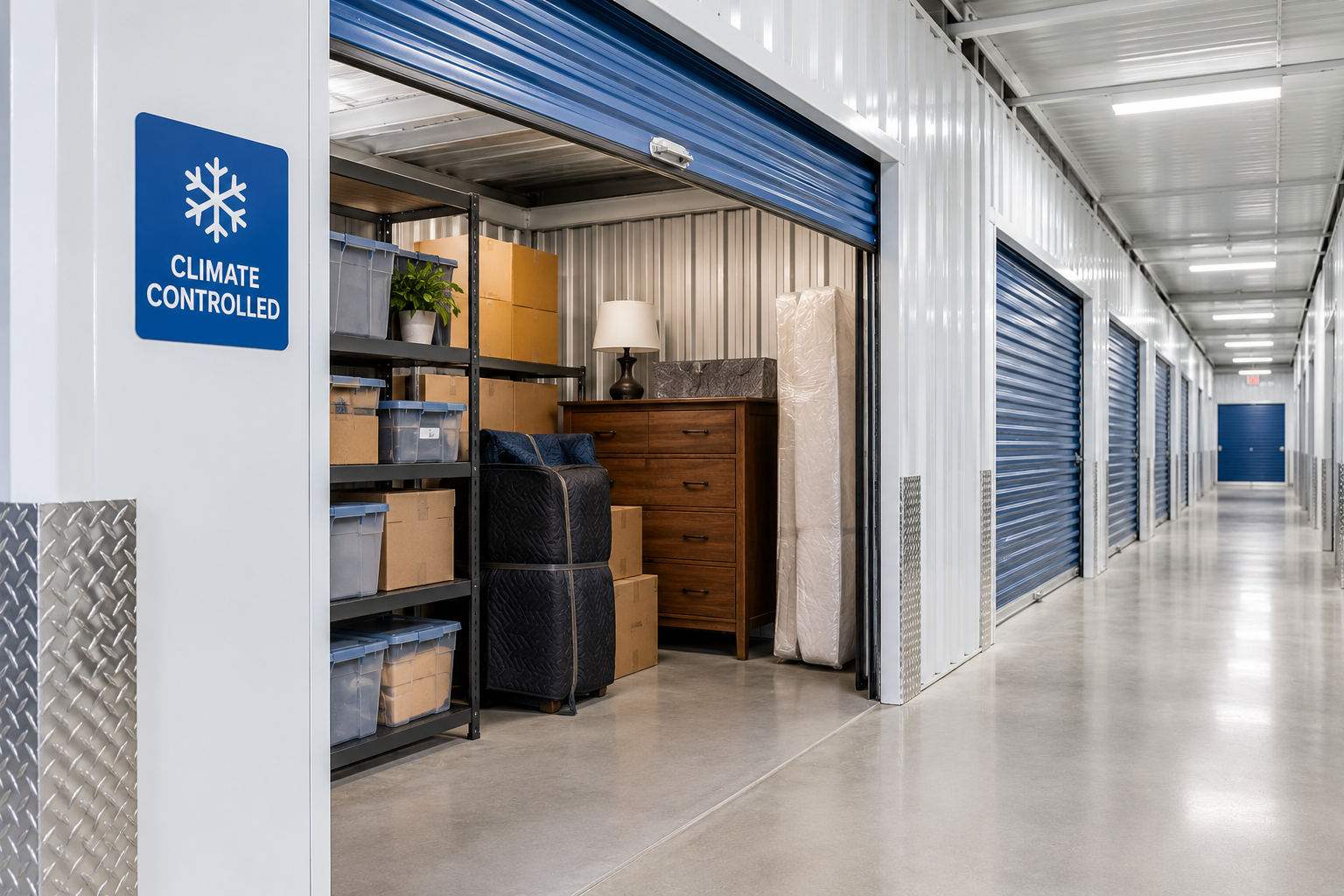 Climate-controlled storage unit with blue roll-up doors, organized plastic bins, cardboard boxes, shelving, and furniture in a clean indoor facility.