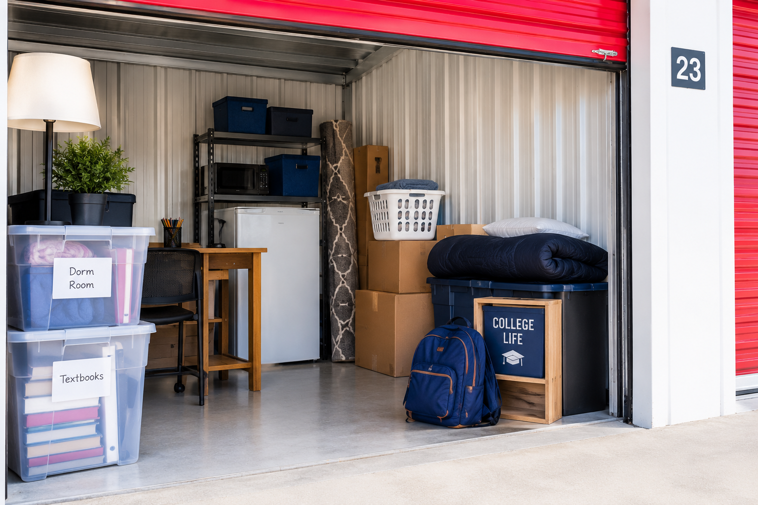 Student storage unit with dorm room bins, textbooks, a mini fridge, bedding, a desk, and moving boxes organized for college move-in or summer break.