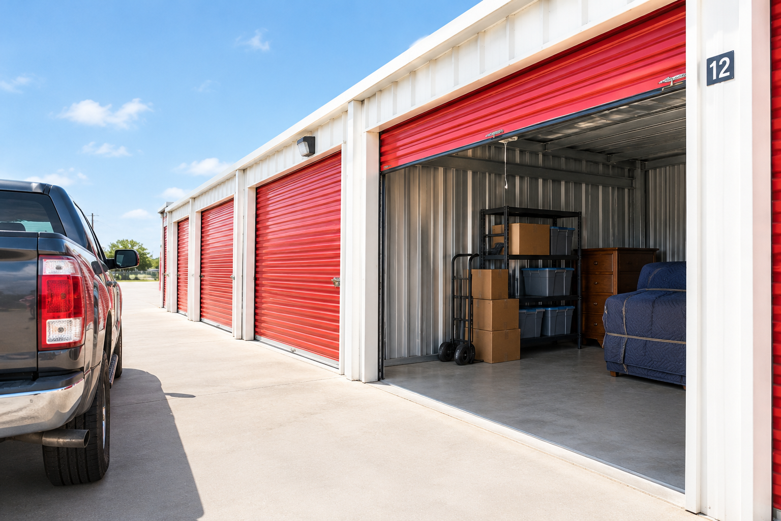 Drive-up storage units with red roll-up doors, a pickup truck, and an open unit containing organized boxes, shelving, and covered furniture.