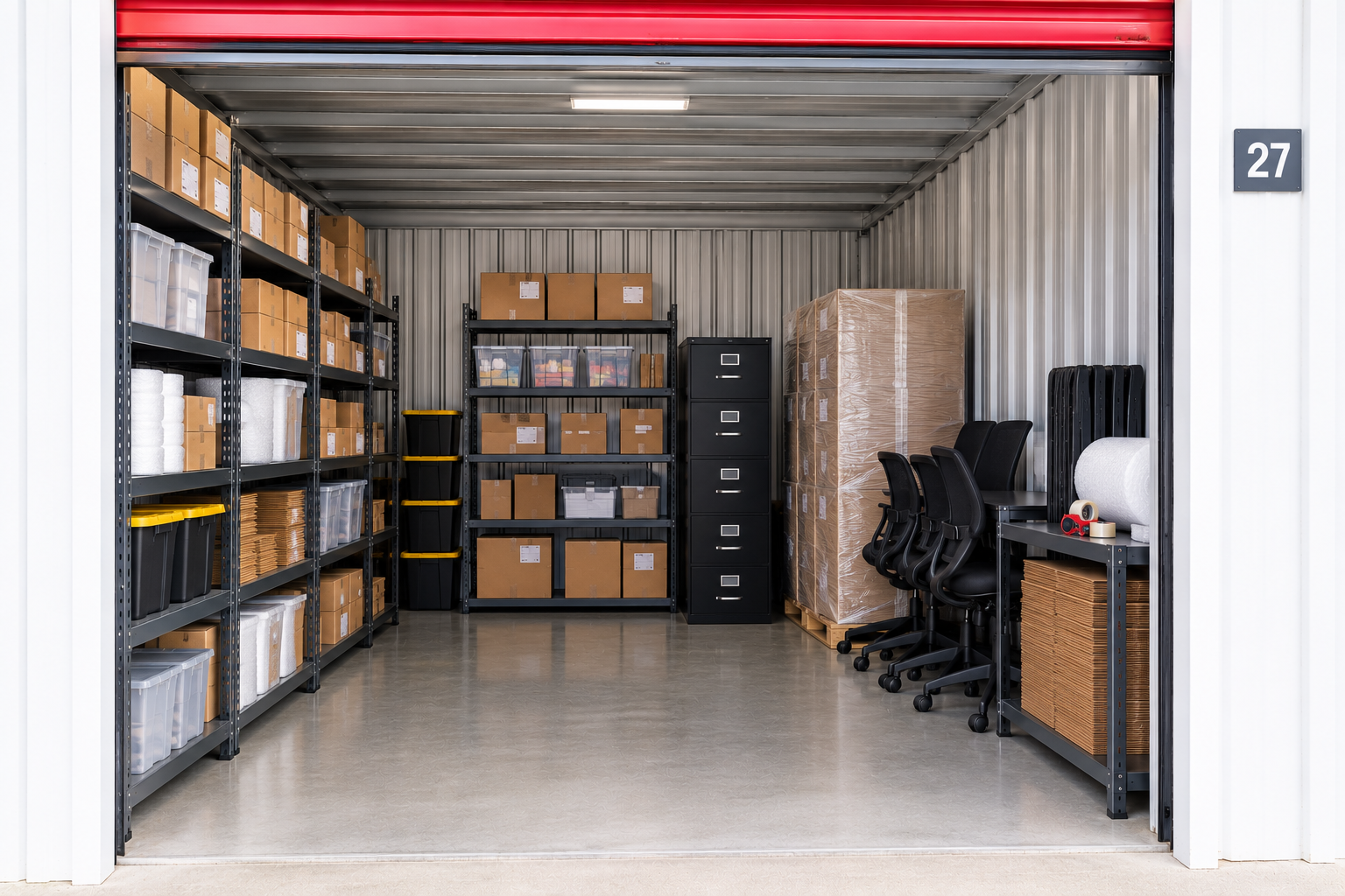 Organized business storage unit with straight metal shelving, labeled inventory boxes, plastic bins, shipping supplies, filing cabinets, and extra office chairs.